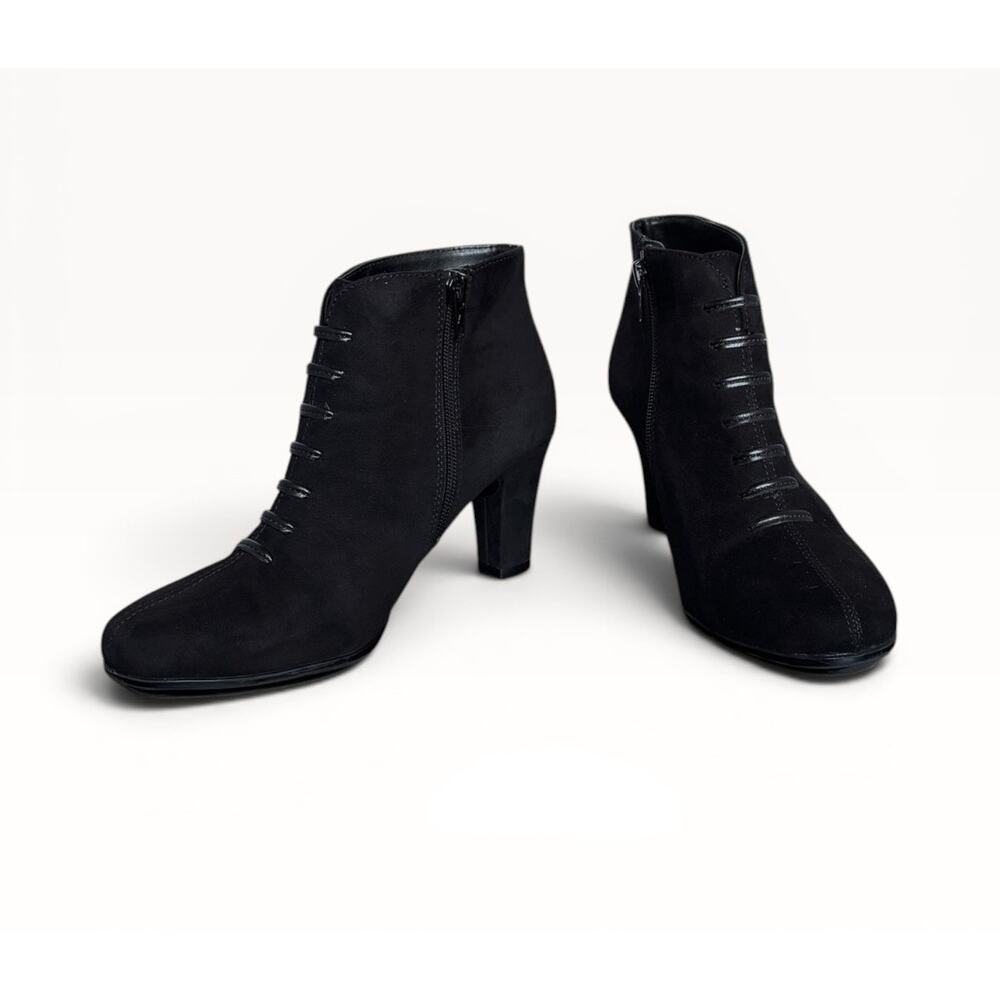 Aerosoles 7 Black Ankle Boots 3" Stacked Heel Side Zip Lace Up Victorian Booties